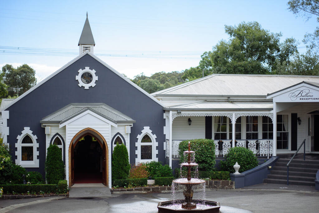 Ballara's slate chapel and lacework veranda behind the tiered fountain