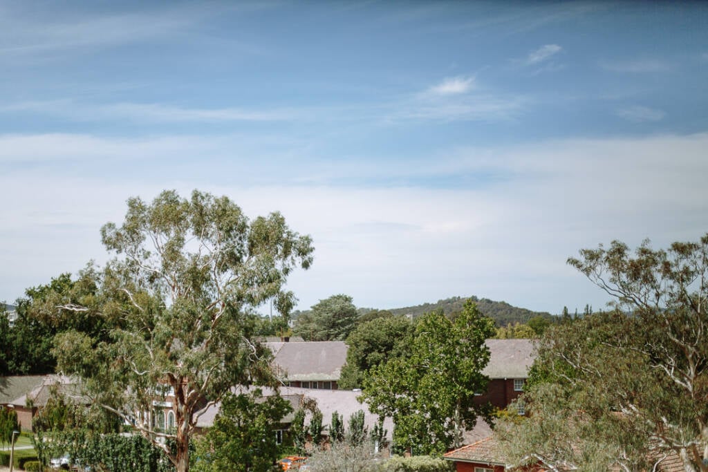 Morning view over Canberra before Becky and George's Greek islander wedding.