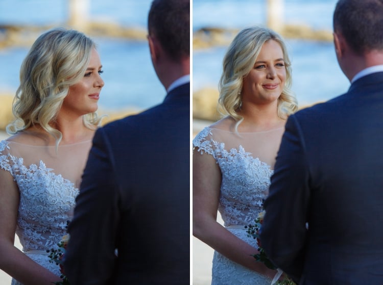 Two close portraits show Sabine smiling towards Arthur during their wedding ceremony