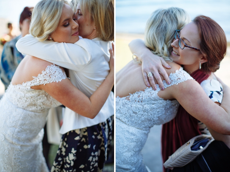 Two photos show Sabine hugging guests after the wedding ceremony