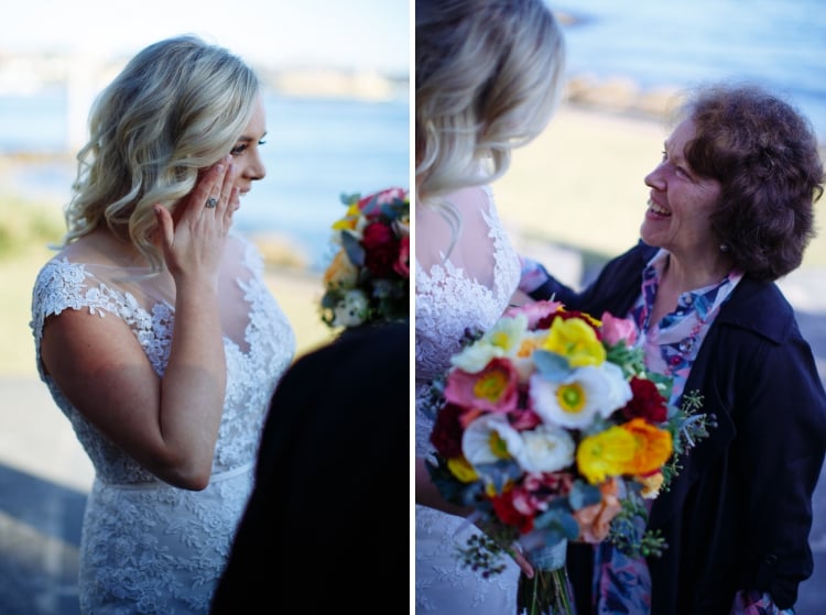 Two photos show Sabine touching her cheek and an older woman smiling beside her