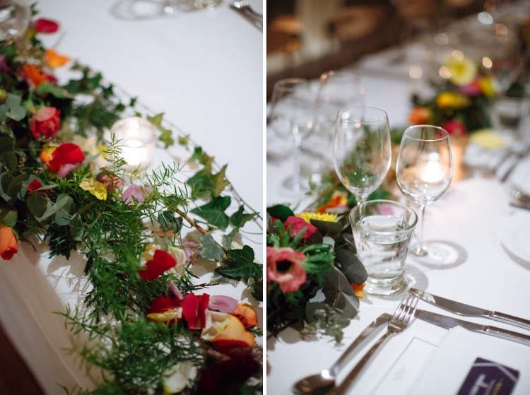 Two close photos show flowers, greenery and candles along reception tables at Bathers'