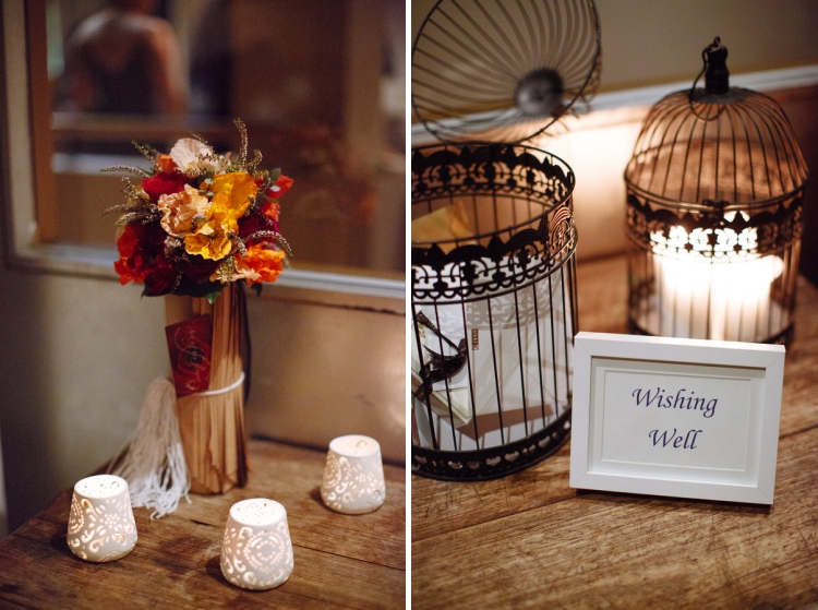 A bouquet and decorative birdcage wishing well appear in two reception photos at Bathers' Pavilion