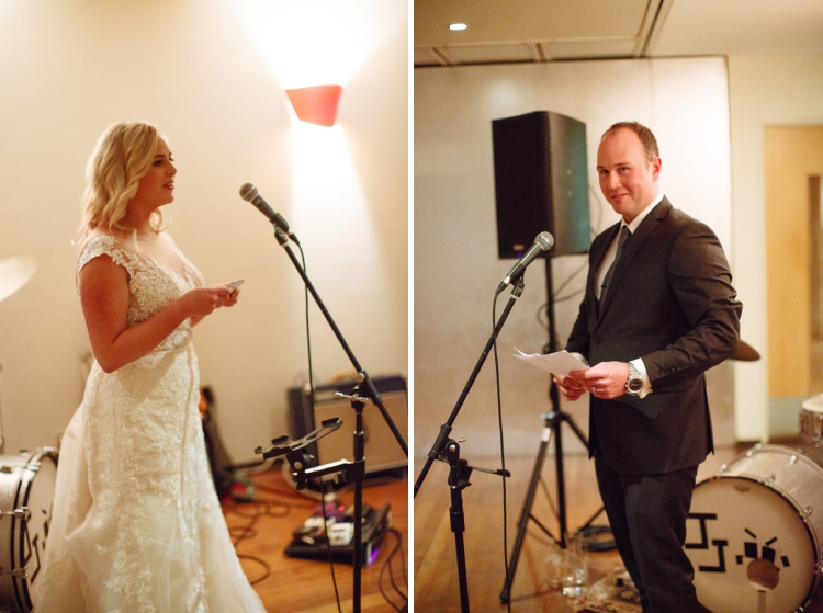Two photos show Sabine and Arthur speaking from notes during their wedding reception