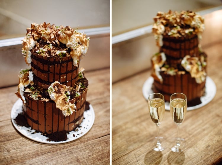 Two photos show a two-tier drip wedding cake and filled flutes at Bathers' Pavilion