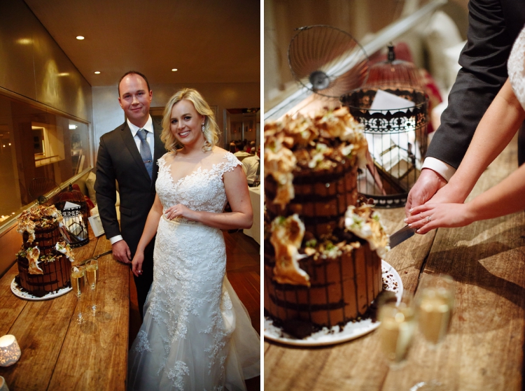 Two photos show Sabine and Arthur beside their wedding cake and cutting it together at Bathers'