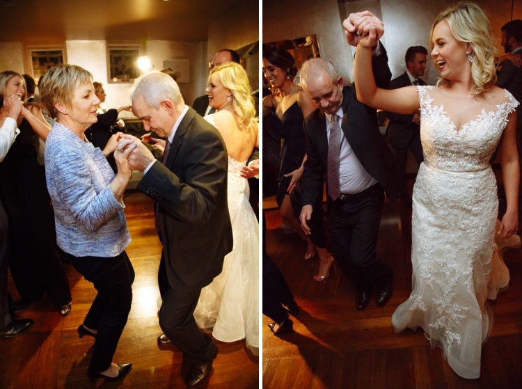 Two photos show guests dancing and Sabine dancing with an older man