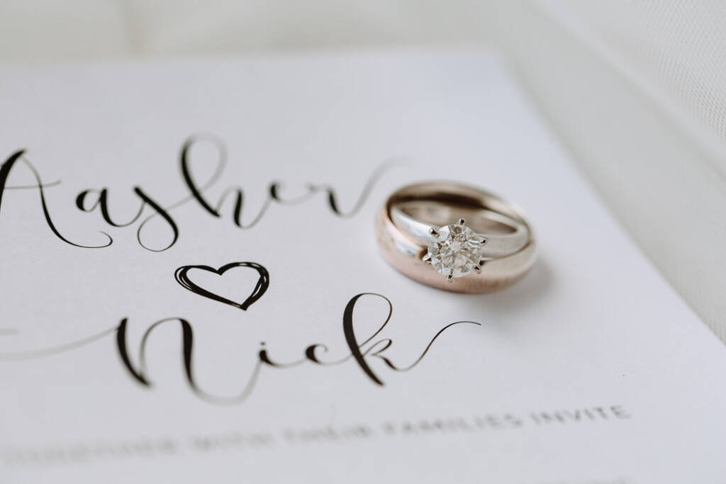 A solitaire diamond ring stacked on a rose gold band over the lettered invitation.