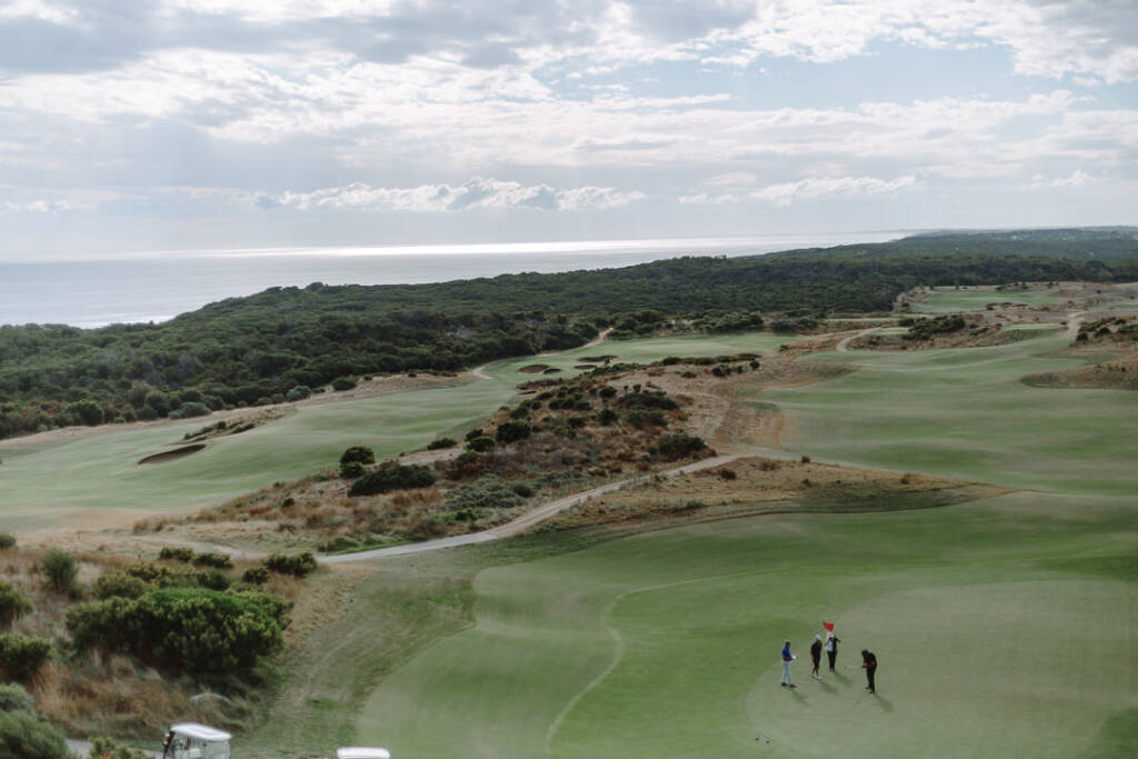 Coastal fairways of The National Golf Club roll towards the sea at Cape Schanck on the Mornington Peninsula.