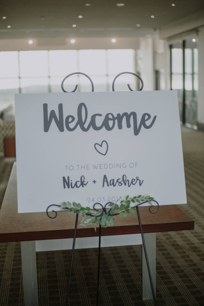 Aasher and Nick's wedding welcome sign inside The National Golf Club function room, Cape Schanck.