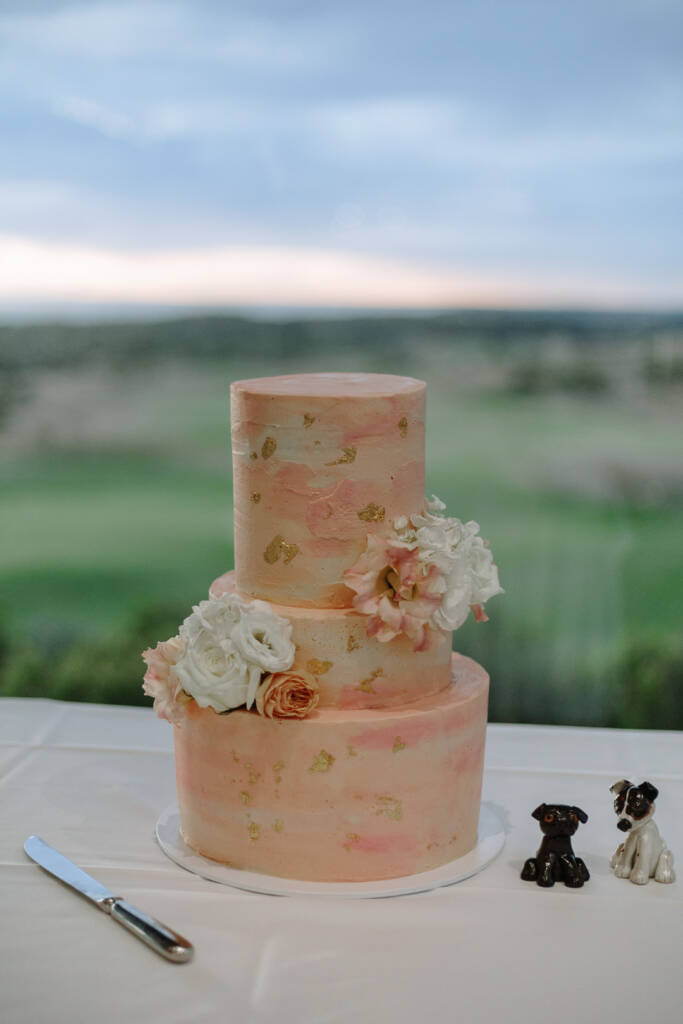 Three-tier peach watercolour wedding cake with gold-coloured flecks and dog figurines at The National Golf Club.