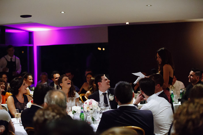 A woman gives a speech as Pascale, Pasquale and guests laugh at The Boulevard in Kew.