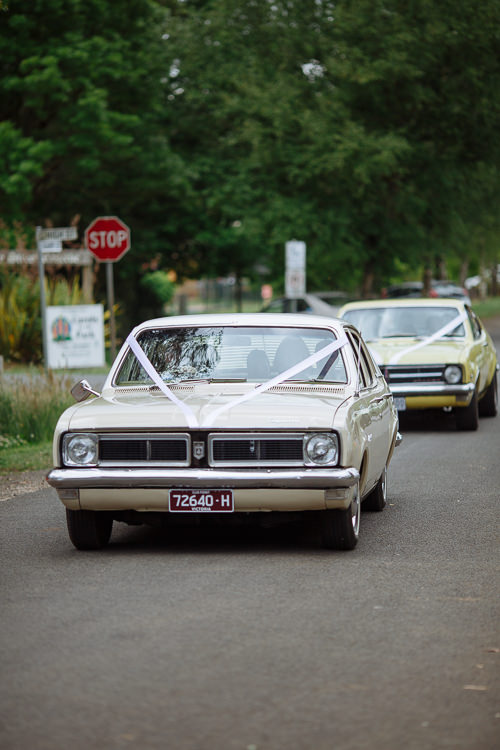 Two ribboned vintage sedans, cream and yellow, drive down a tree lined country street past a stop sign.