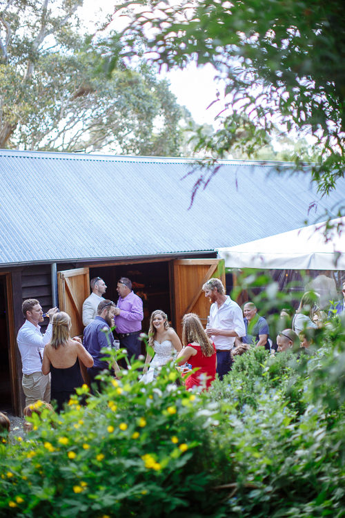 Through willow leaves, Elysha talks with guests at the open barn doors of the Cosmopolitan bar.
