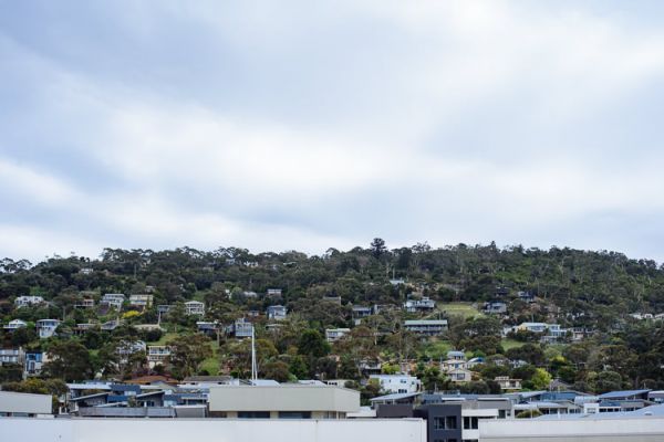 Overcast morning over the hillside homes of Dromana before Caitlin and Brad's wedding