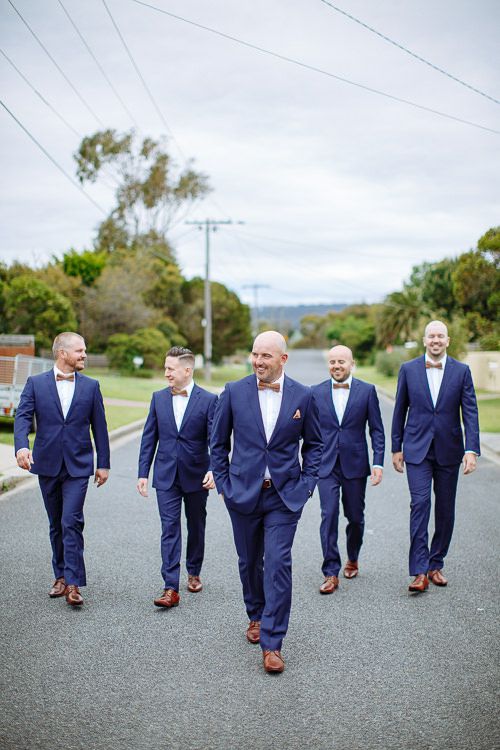 Bridal party groomsmen walking the street in navy suits, Mornington Peninsula