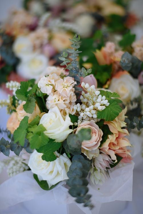 Bouquet detail of roses, eucalyptus and spring blooms