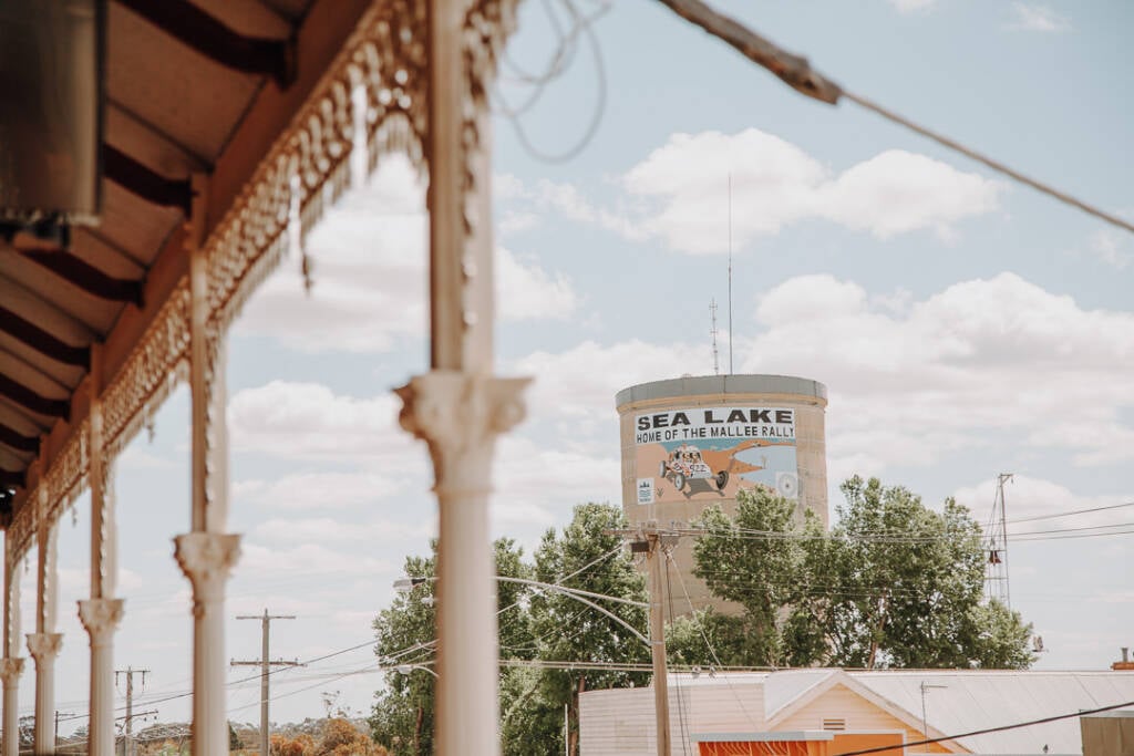 Sea Lake’s painted water tower is framed by the Royal Hotel’s ornate verandah.