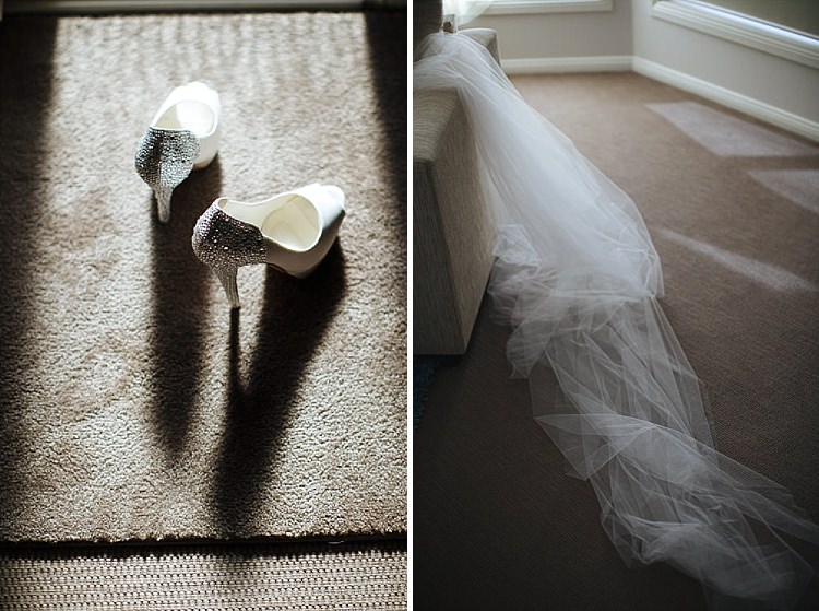 Two frames: crystal heeled white peep toe shoes on a rug, and a long tulle veil on carpet.