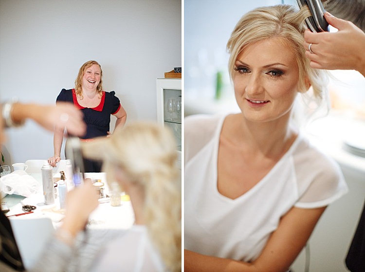 Two frames: a laughing woman in navy behind the styling table, and the bride's hair being curled.