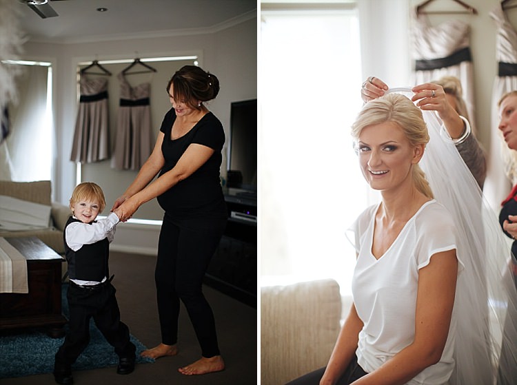 Two photos show a boy holding hands with a woman and Aggie having her veil fitted.
