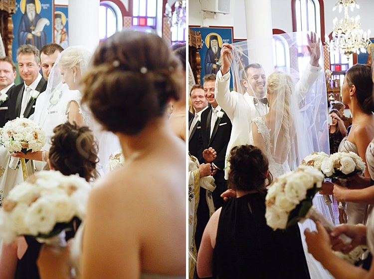 Two church photos show Aggie among her attendants and Alex lifting her veil at Holy Epiphany Greek Orthodox Church.