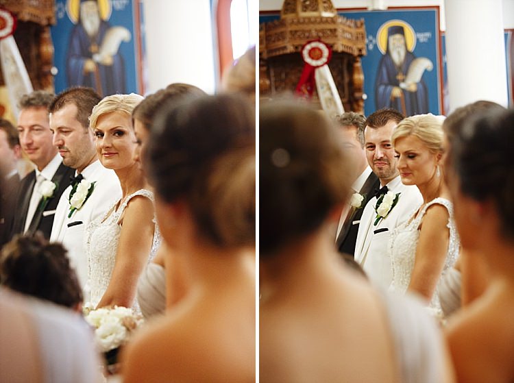 Two photos show Aggie and Alex exchanging glances beneath icons at Theofania (Holy Epiphany) in Frankston.