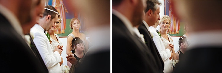 Two frames: the crowned groom and bride with hands joined, and the bride smiling at camera beside him.
