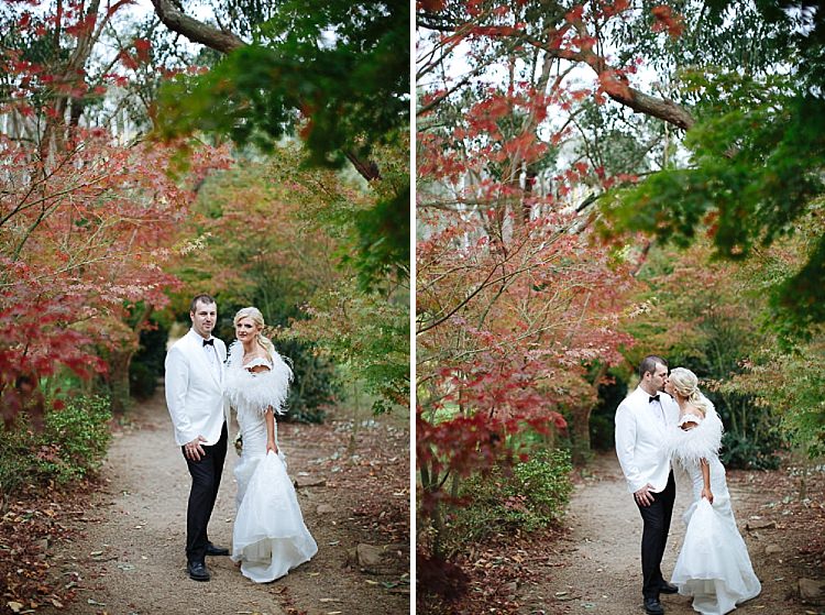 Two frames show Aggie and Alex posing and kissing on a garden path at Lindenderry Red Hill.