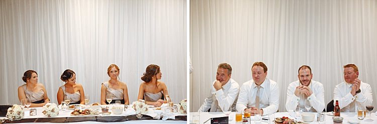 Two photos show bridesmaids and groomsmen seated along the bridal table at Lindenderry.