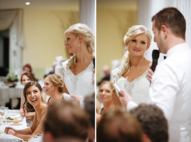 Two photos show a laughing bridesmaid and Aggie listening to Alex's speech.