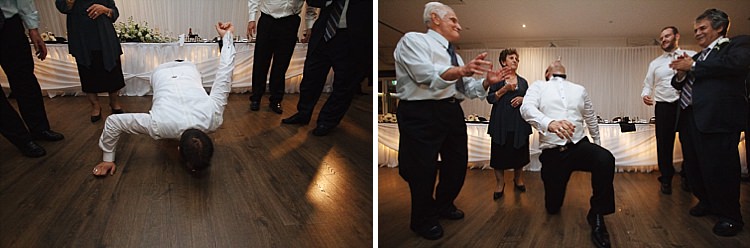 Two photos show Alex dancing low to the floor and kneeling with a glass at Lancemore Lindenderry Red Hill.
