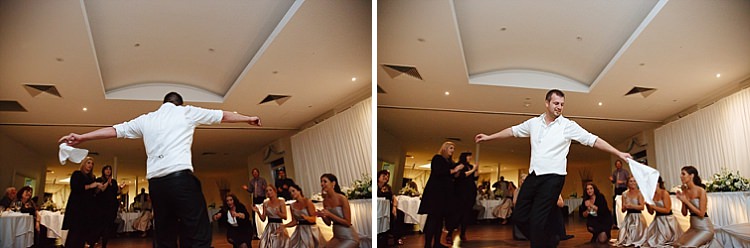 Two photos show a man dancing with outstretched arms and a white cloth at Lancemore Lindenderry Red Hill.