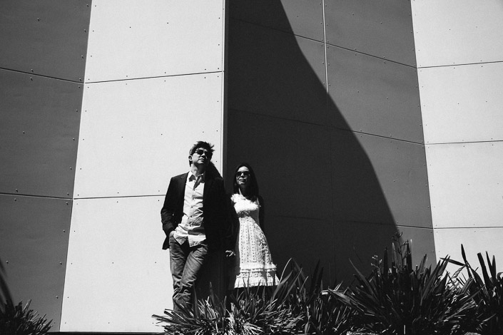 A sculpted shadow sweeps the wall behind the pair standing tall among spiky leaves