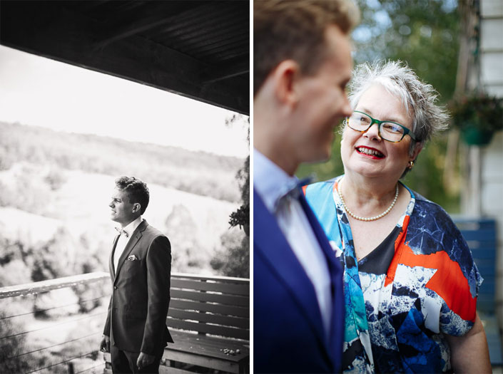 Two frames of the groom on a verandah and a guest laughing at Pennyroyal Otways Retreat