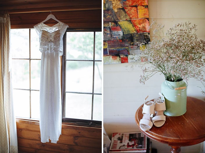 A wedding gown and blush heels are displayed inside a Pennyroyal Retreat cottage
