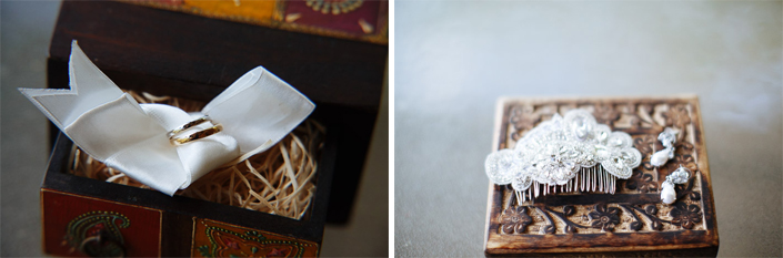 Gold bands nest in a silk bow beside the beaded comb and earrings