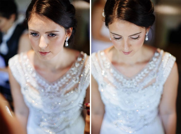 Two frames of the bride from above, lashes lowered over the crystal latticed bodice.