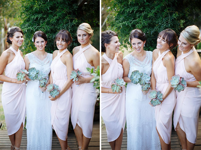 Two frames of the bride in crochet lace with three bridesmaids in blush holding succulent posies.