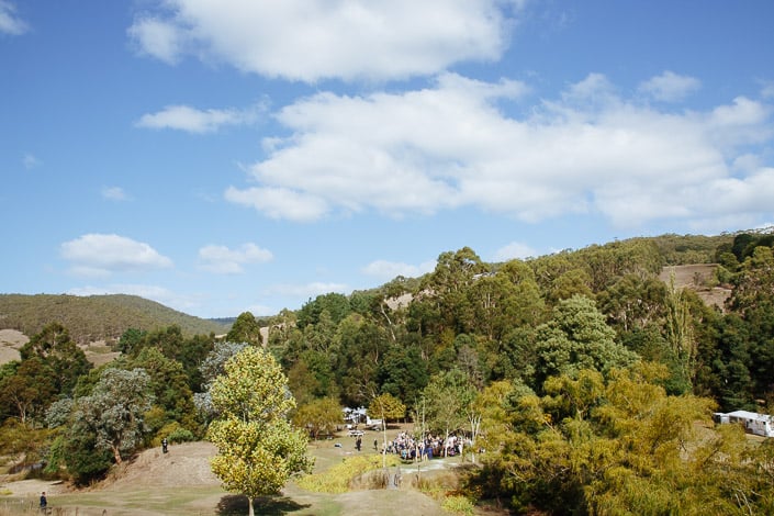 An Otways country wedding ceremony gathers in the valley at Pennyroyal Retreat