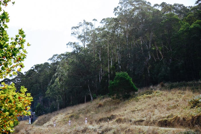 The bridal party descends the grassy hillside above the ceremony at Pennyroyal Otways Retreat