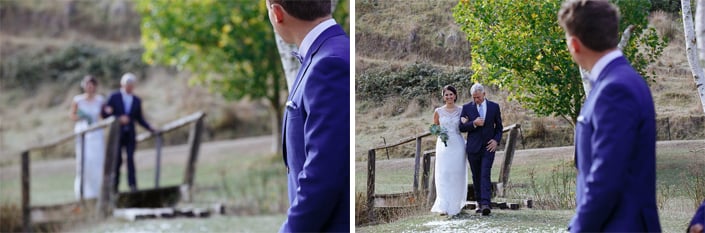 Two frames of the bride crossing the Pennyroyal Otways Retreat footbridge as the groom turns to watch