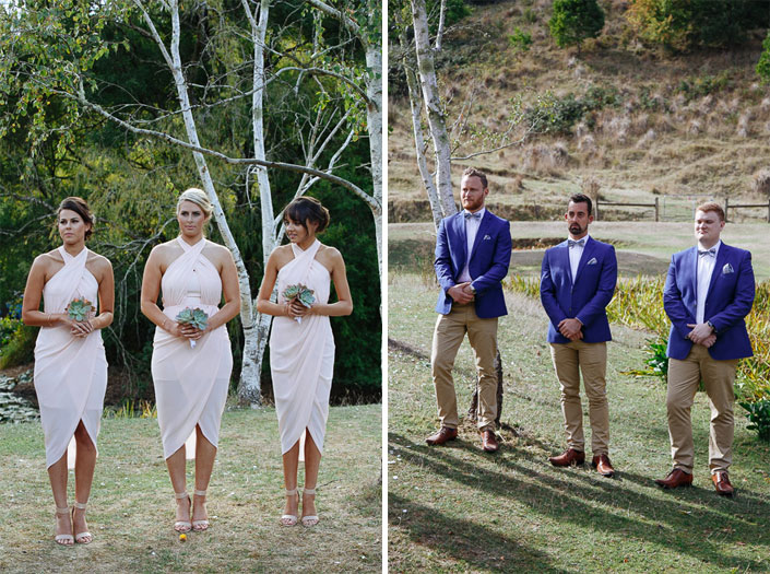 Three succulents held steady, three groomsmen at ease opposite