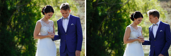 Two frames show the couple exchanging a ring during their outdoor ceremony