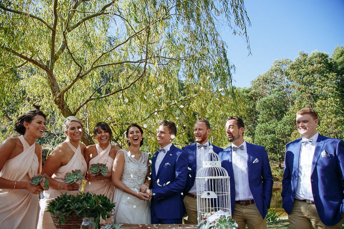 The whole party laughs around the birdcage of wishes