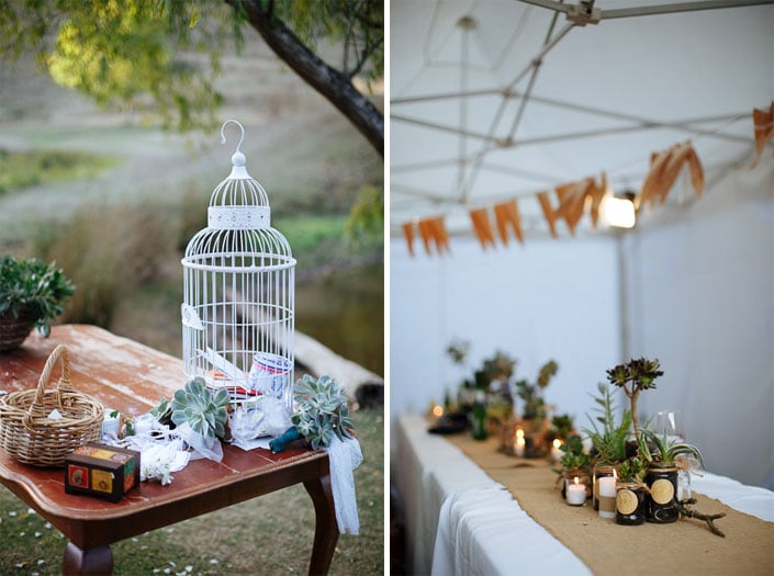 A birdcage card box and succulent-decorated marquee table at Pennyroyal Retreat