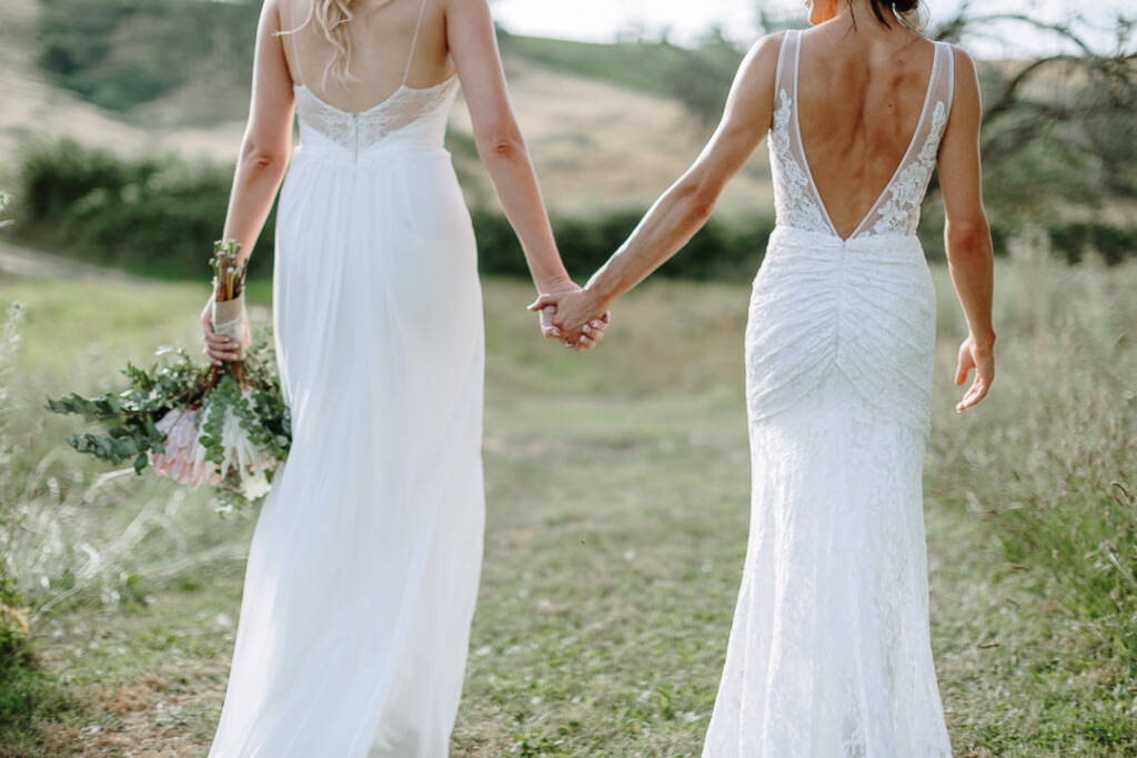 The couple's joined hands and contrasting gown backs are photographed on a grassy path at Riverstone.