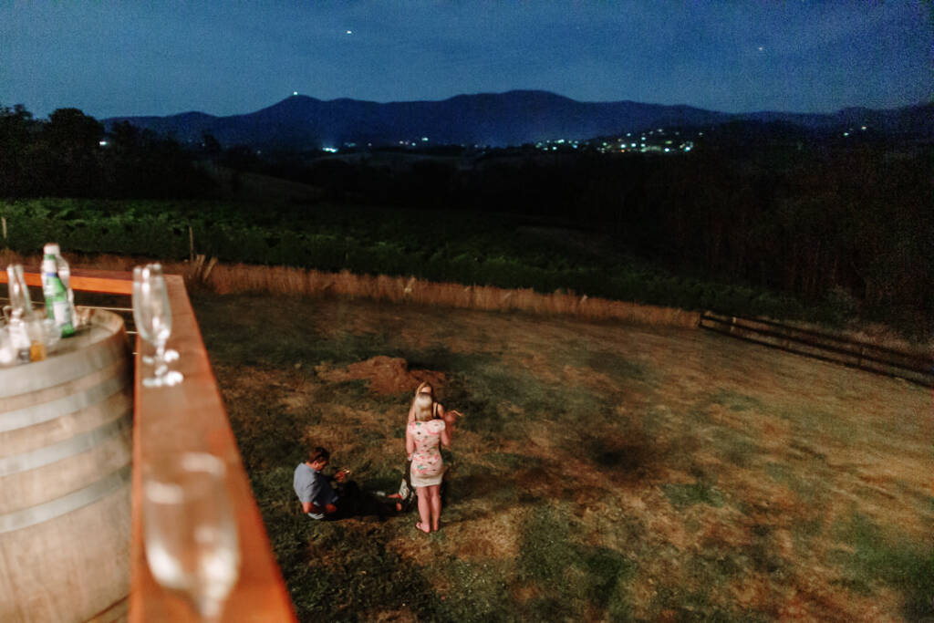 Guests gather on the lawn below Riverstone Estate's verandah, with valley lights beyond the vines.