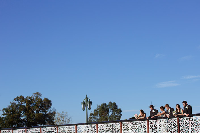 The wedding party leans on the cast iron rail of Morell Bridge beneath a vast blue Melbourne sky.