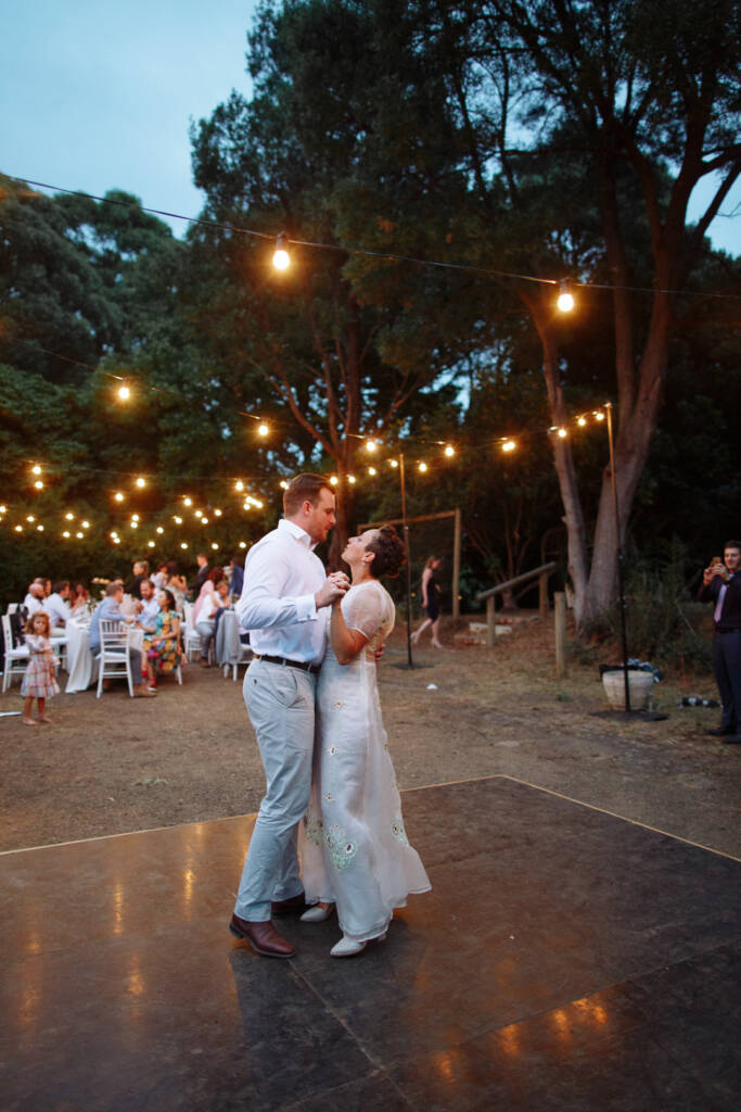 Sarah and Jye dance together at dusk at Strathvea Guesthouse in the Yarra Valley.